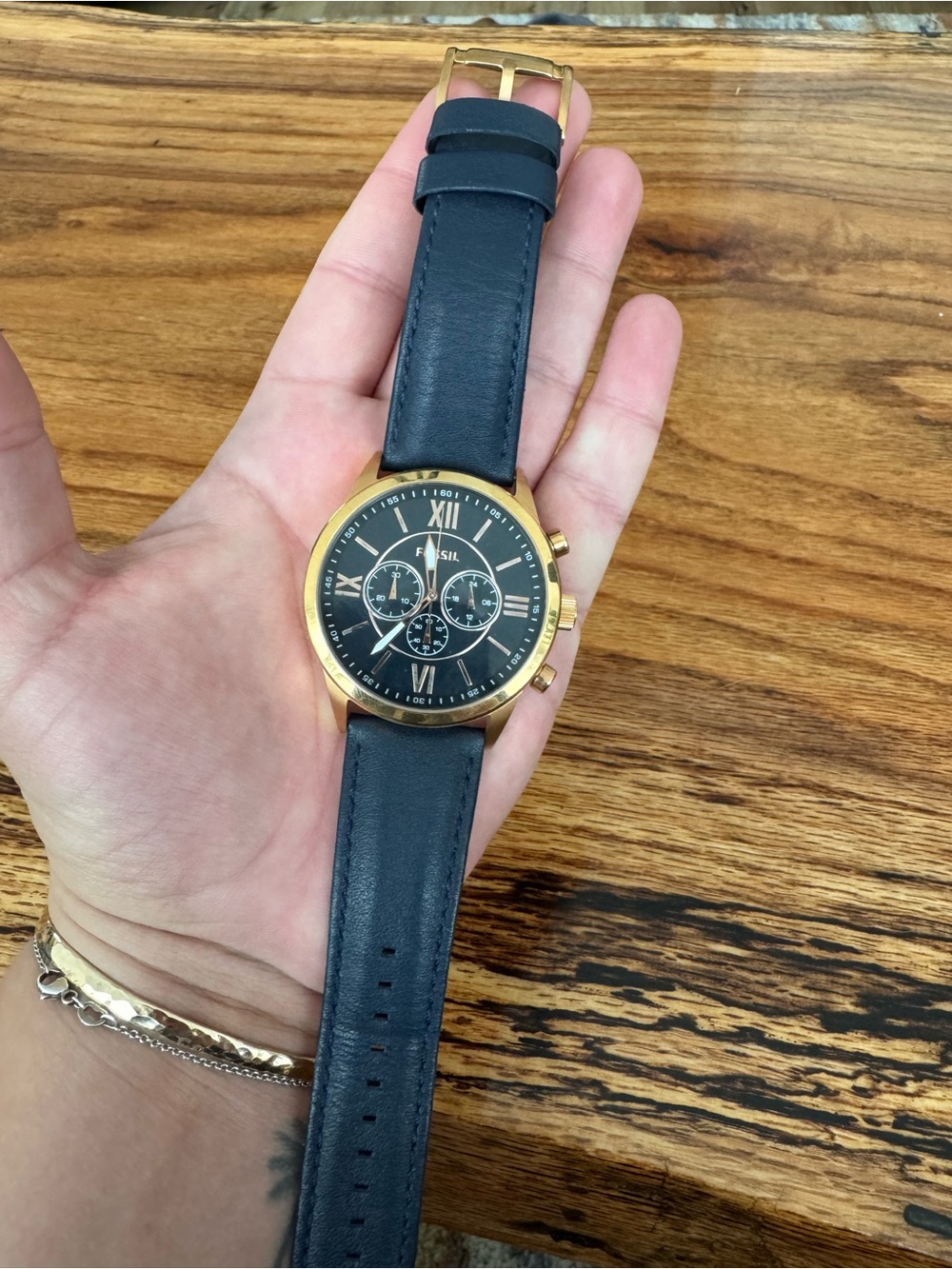 Fossil Gold-Tone Case Black Dial Black Leather Strap Men's Chronograph Watch